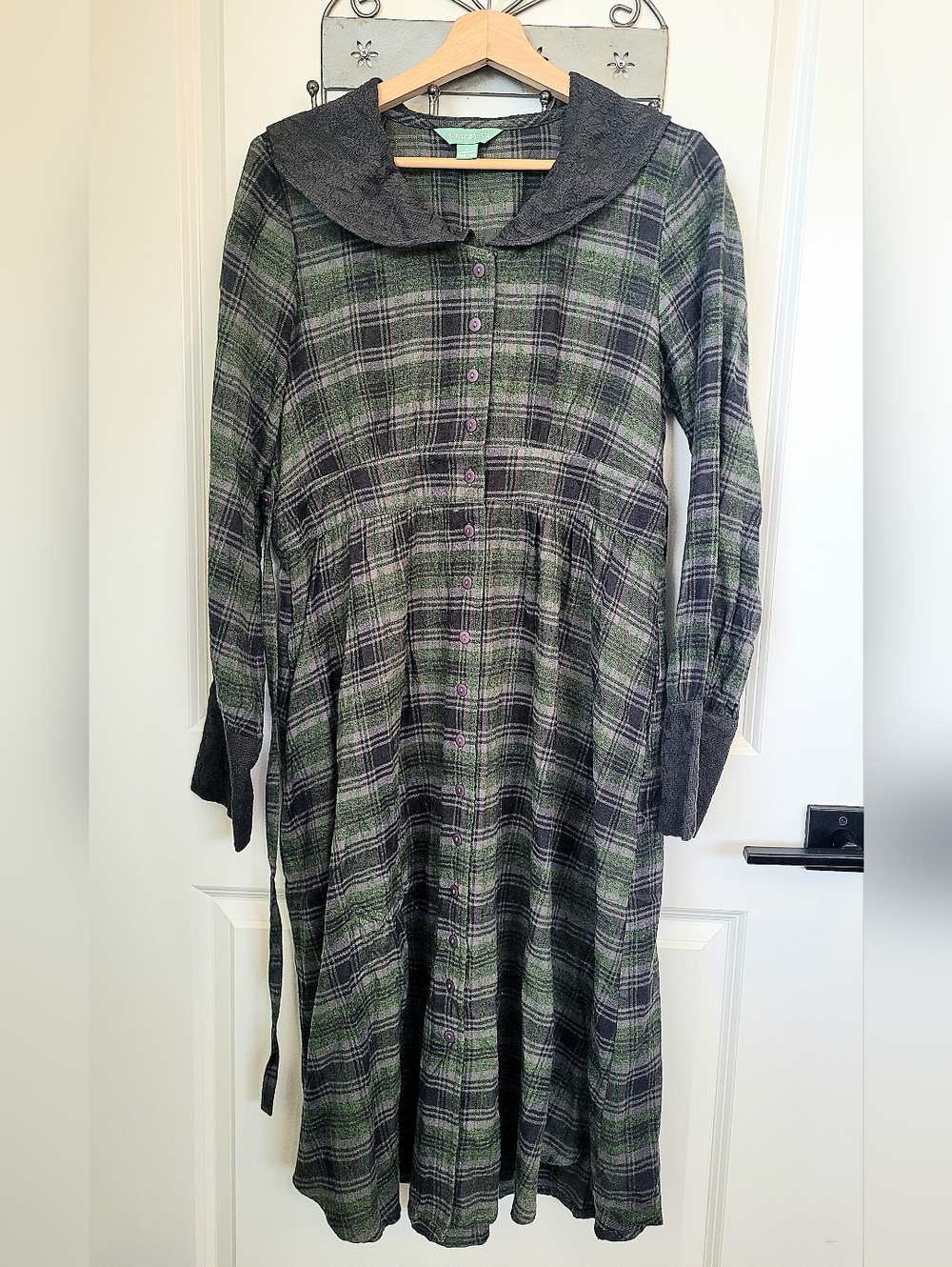 April Cornell Green and Gray Plaid Button-Front Long Sleeve Dress